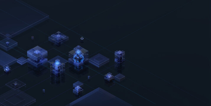 Digital infrastructure hero image. Distributed computing network, cloud architecture, data processing, artificial intelligence isometric information technology. Web design, website template, homepage