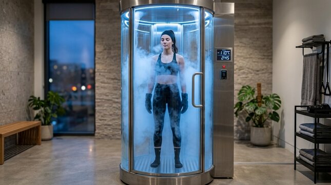 Woman stands in a cryotherapy chamber filled with cold mist for recovery and wellness