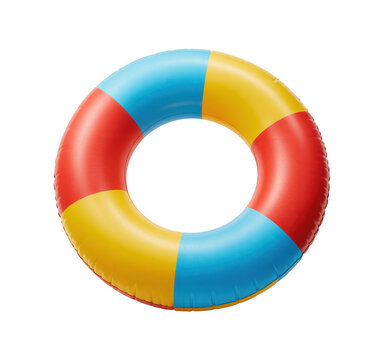 Colorful inflatable swimming pool ring with red, yellow, and blue sections, isolated on a white background, for summer water, sports and leisure