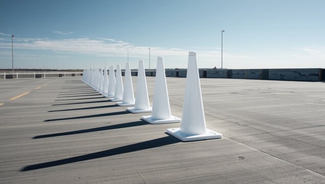 traffic cones on a parking lot's concrete surface