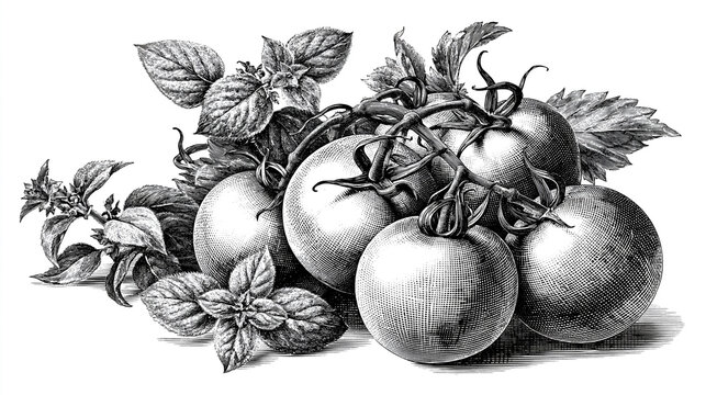 A detailed, vintage copperplate engraving style illustration showing a cluster of fresh tomatoes on the vine with basil leaves on a clean, white background.