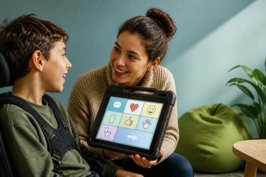 Assistive communication tablet helping a child and caregiver connect at home