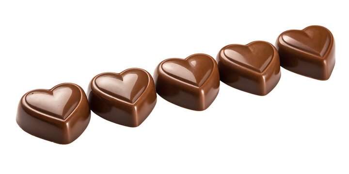 Five heart shaped milk chocolate candies arranged in a row representing love romance and sweet treats for valentine day celebrations and gifts isolated on a transparent background