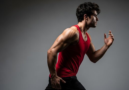 A physically fit young man with muscular arms wearing a red tank top demonstrates stamina and endurance while training indoors for his next high intensity sports competition in a dark