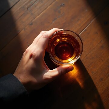 Hand holds glass of amber liquid on wood surface. Drink sparkles in bright sunbeam. Person holds alcoholic beverage. Enjoying drink at home or bar.