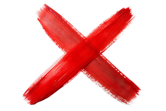 Bold red paint brush stroke forming an x symbol representing rejection error or cancellation concept with thick textured artistic pigment marks isolated on a transparent background