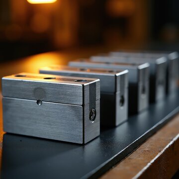 Precise metal gauge blocks are aligned in a row. These precision tools are used for accurate measurements in manufacturing and engineering. Their exact dimensions ensure high quality in production.