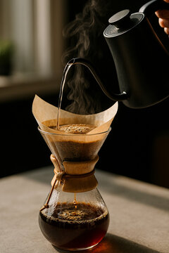 Pouring hot water from a kettle into a glass coffee maker with filter in a modern kitchen, vertical shot.