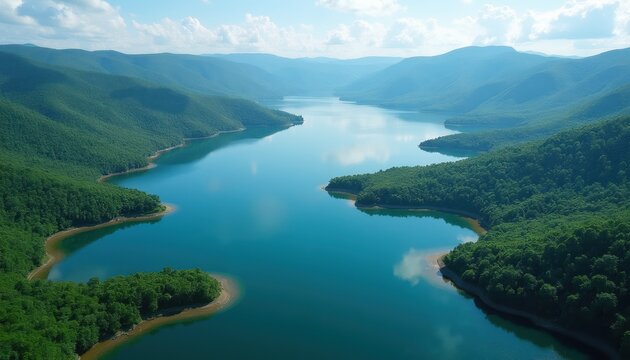 Wide aerial view of clear blue lake snaking between rich green forested mountains. Calm water reflects sky and clouds, creating serene natural landscape. This scenic panorama offers peaceful escape.