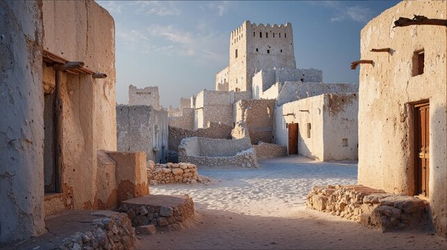 Historic Arabian Gulf Mudbrick Village with Traditional Desert Architecture, Ancient Fortified Towers and Authentic Cultural Heritage Settlement