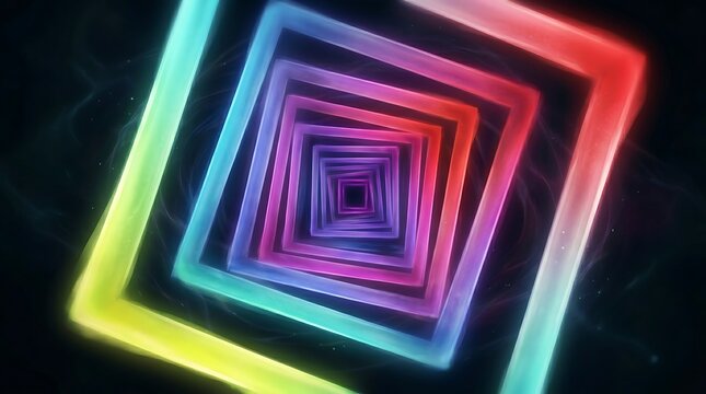 Infinite glowing neon squares forming a tunnel or vortex against a dark starry background with vibrant colors