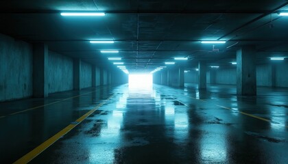 Fototapeta premium Dimly lit underground car park with wet floor reflecting blue lights. A bright exit or entrance at the end suggests hope or escape from darkness.