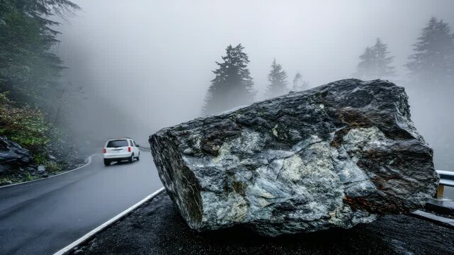 Large rock boulder blocking a mountain road in foggy weather conditions, causing a dangerous traffic hazard on a winding forest highway route
