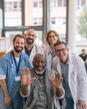 Multidisciplinary hospital team around a smiling middle-aged diabetic patient in a bright clinic, celebrating a successful prevention program; hopeful mood, soft morning light, medium-wide composition