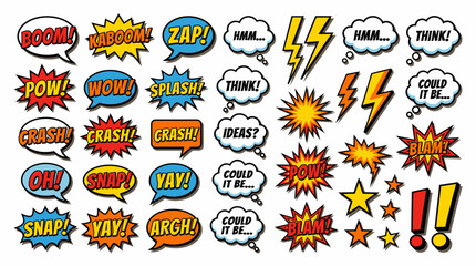 Colorful Comic Speech Bubbles and Explosion Effects Set with Exclamations and Thoughts on Isolated White Background © Agus