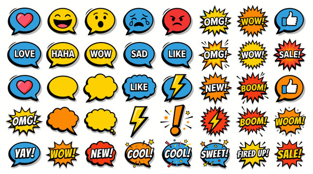 Vibrant Collection of Emoji Speech Bubbles with Emotions and Comic Sound Effects on Isolated White Background