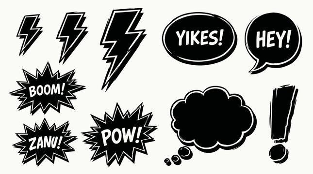 Hand Drawn Comic Lightning Bolts, Speech Bubbles with Sound Effects and Exclamation Mark Set on Bright Studio Background