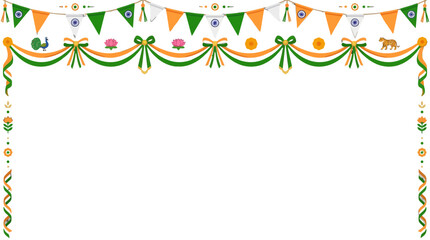 Fototapeta premium Festive Indian Independence Day Decorations with Triangular Flags and Colorful Ribbons