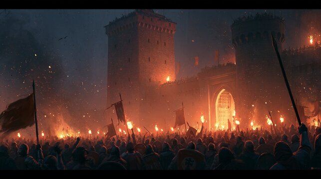 A crowd of medieval rebels surges toward a fortified stone tower with torches, shields, and raised banners amid chaos and falling embers. Fierce mood, firelit night lighting, diagonal composition.