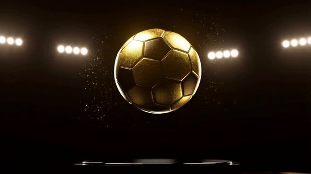 A luxurious golden soccer ball icon slowly rotating above a glossy black pedestal, sparkling gold particles floating through the air, realistic reflections, cinematic studio lighting, dark background 