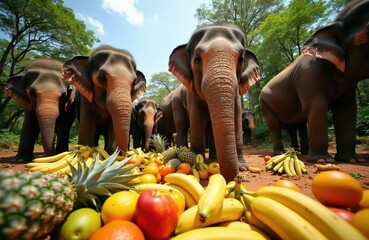 Obraz premium Herd of Asian elephants eats tropical fruit pile. Large animals with trunks near bananas, pineapples, apples, oranges in forest. Elephants gather for meal in jungle.