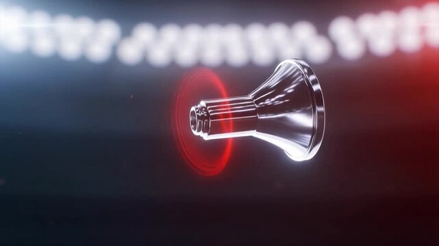 A chrome referee whistle icon suspended in mid-air, emitting rhythmic red sound-wave pulses, extreme macro close-up shot, dramatic stadium lighting reflections, ultra-realistic metallic textures