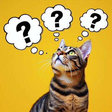 Tabby cat looks up. Thought clouds with question marks float above. Animal ponders, curious, wondering about something. Yellow background, simple, clean.