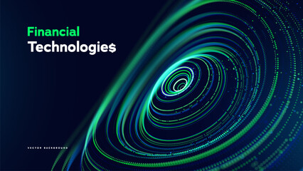 Naklejka premium Fintech Financial Technology Finance Digital Data Business Background With Glowing Circular Waves, Rings, Futuristic Network Flow On Dark Blue. Financial Technology Innovations. Vector Illustration.