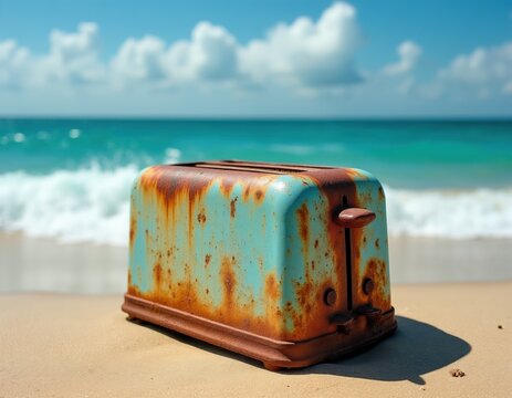 Rusted teal toaster sits on sandy beach near ocean waves. Abandoned appliance shows signs of decay and neglect by the sea. Sunny day at the coast.