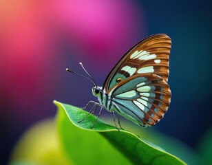 Obraz premium Macro photo of Pale Triangle butterfly with blue green and brown wings resting on vibrant green leaf. Soft colorful bokeh background shows pink and dark blue hues. Insect insecta natural world.