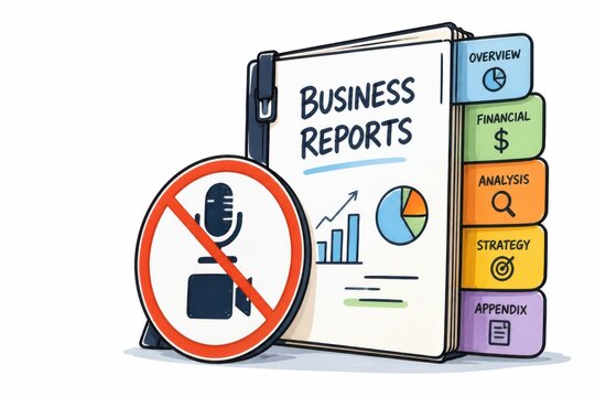 Business reports binder with financial analysis tabs and no recording sign isolated on white