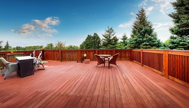 brand new red cedar outdoor wooden patio during nice day