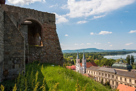 A panorama of Esztergom, Hungary. View of the towers of St. Ignatius Church in the Watertown district, the dome of the Esztergom Basilica, and the Danube River.