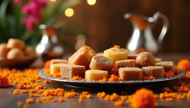 Assortment of Indian sweets like barfi and ladoo on silver plate with marigold petals. Traditional festive mithai arranged beautifully for celebration. Delicious cultural desserts served for diwali.