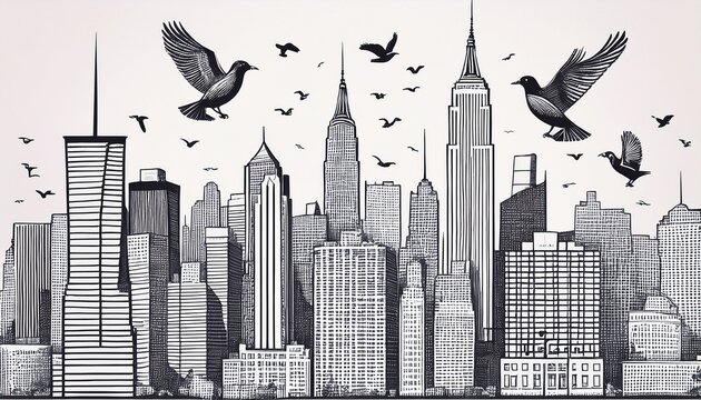 new york city hand drawn black and white cityscape with birds