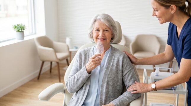 Senior woman using nebulizer mask for breathing treatment while nurse provides care. Respiratory therapy in clinical setting. Professional medical support for elderly patient recovery.