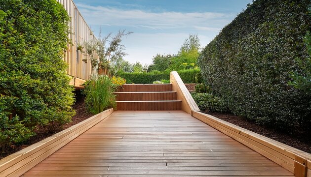 new build home pad platform and staircase using synthetic wood to go to backyard garden paradise for summer