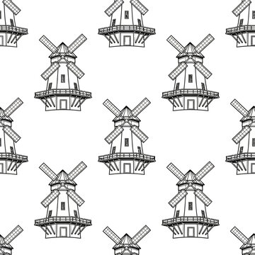 Traditional dutch windmill vector seamless pattern