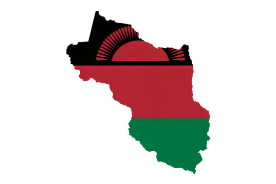 Malawi map silhouette filled with national flag colors for patriotic designs and African travel promotions, celebrating country pride