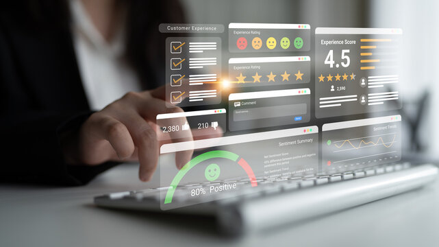 Feedback system with ratings, sentiment meter, and charts representing customer satisfaction and experience analysis Parse