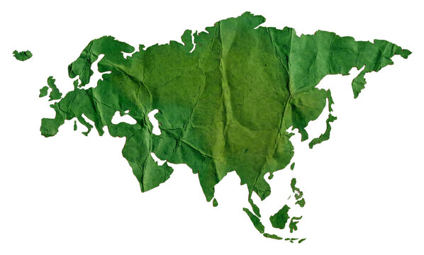 Green crumpled paper map of Eurasia continent isolated on transparent background