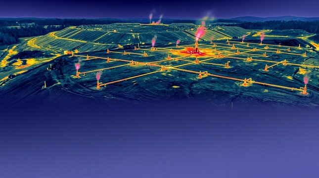 environmental monitoring, an infrared view of a landfill with gas collection wells and a clear sky