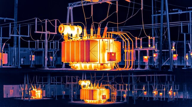 electrical infrastructure, an infrared view of a transformer substation illuminating the night, with a clear sky above