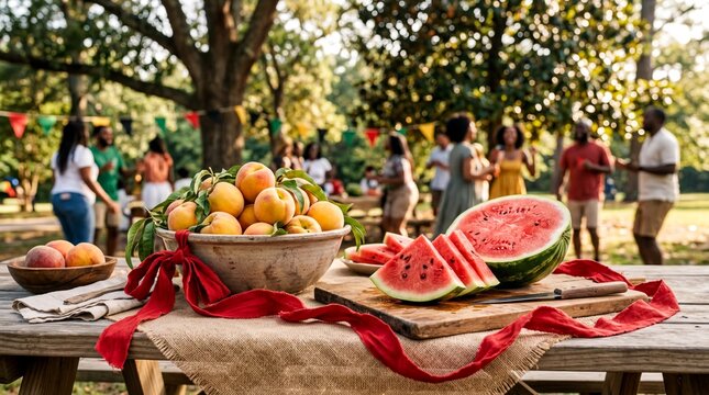 cultural celebration elements, a vibrant arrangement of peaches and watermelon tied with a red ribbon