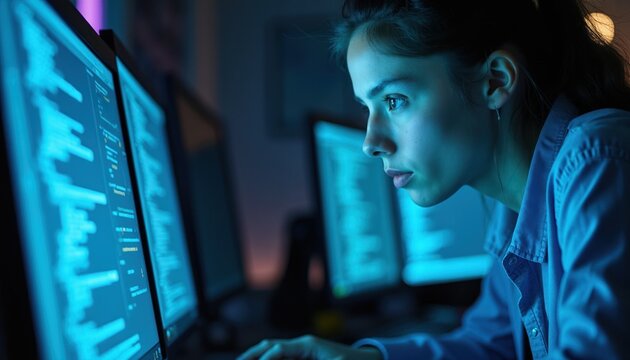 Woman coder works on computer screen in dark room. Multiple monitors display code. Blue light illuminates her face. She is focused on programming task.