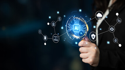 Fototapeta premium Connected AI platform links cloud services, security, finance and mobile workflows, enabling automation, data analytics and governance for modern digital business. Corpus