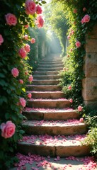 Naklejka premium Stone stpic covered in pink rose petals lead upwards towards sunlight. Rich green foliage and climbing pink roses frame path, creating romantic garden scene. This tranquil setting invites ascent.