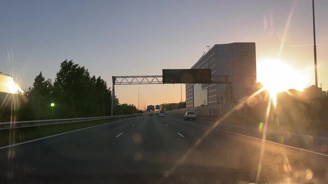 Amsterdam Netherlands highway, Sunset highway leading toward city skyline