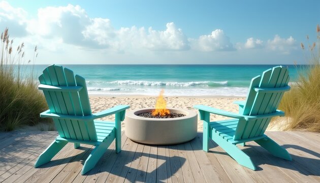Two blue adirondack chairs face ocean waves. A concrete fire pit with flames sits between them. Dry grass grows on sandy dunes. Wood deck extends to beach.