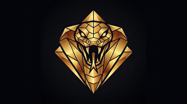 Geometric golden cobra snake head on dark background.